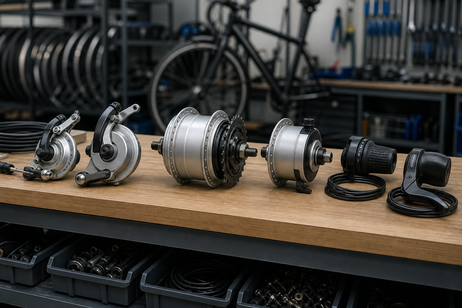 Shimano fleet bicycle components in a workshop