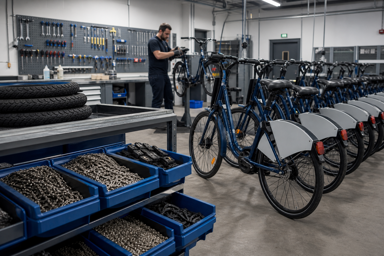 Fleet of bicycles in a maintenance workshop with organized spare parts